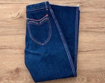 Vintage 70s High Rise Denim Jeans, Western Pocket Detail, Size 24