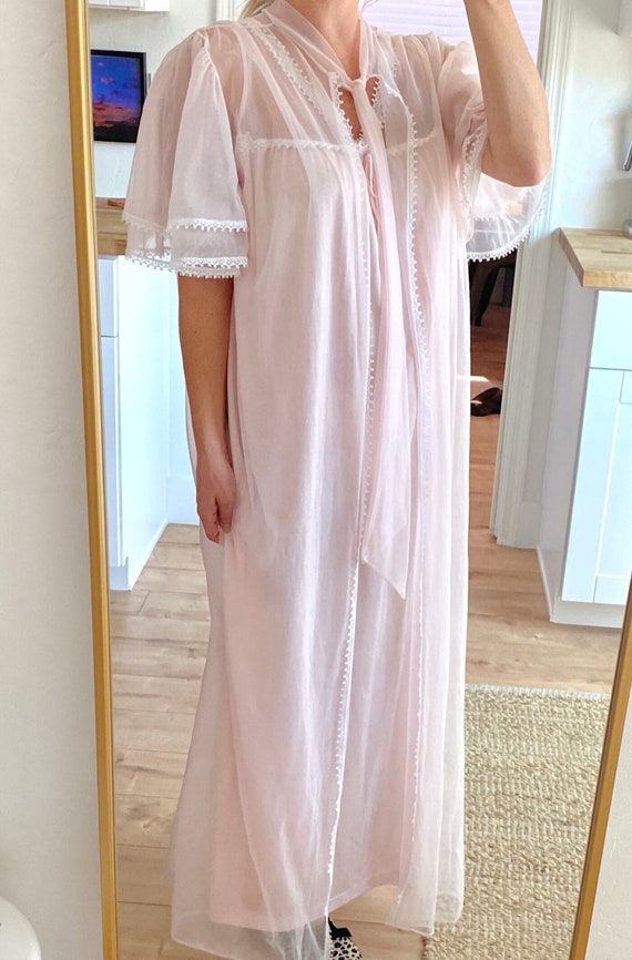 70s sheer pink night gown + peignoir - image 3