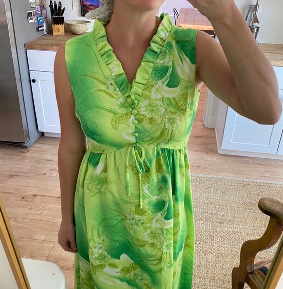 60s bright green Hawaiian maxi dress