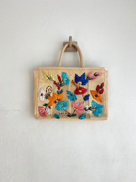 60s floral straw raffia purse