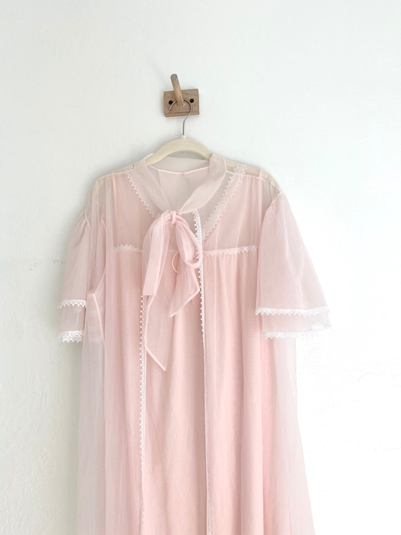 70s sheer pink night gown + peignoir - image 1