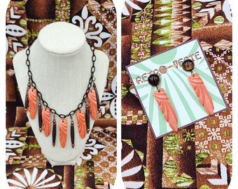 Tiki Feathers in Orange and Vintage Chocolate Beads Necklace and Matching Earring Set Carved Bakelite Replica Polynesian MCM Pinup
