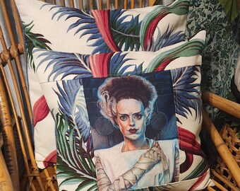 Bride of Frankenstein Inspired Art Vintage Barkcloth Fabric Tiki Pillow 16x16 Andrew Pokon MCM Ivory Palm Fronds Red Green Blue Monster