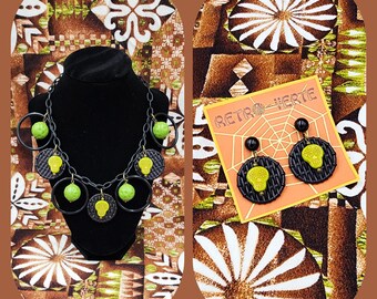 Spooky Weaved Round Discs and Sugar Skull Bead Earrings and Necklace Set Pin Up Retro Halloween Tiki Czech Lime Green Chartreuse