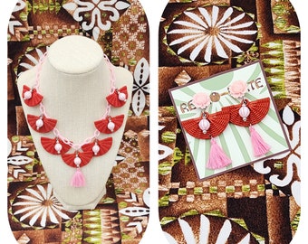 Tiki Polynesian Rattan Fan Dangles in Red w/ Pink Striped Lantern Beads Tassels Necklace and Earrings Set Tiki Retro MCM 1960s Japan