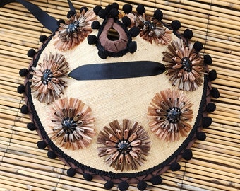 Tiki Leopard Raffia Flower Sun Bonnet Hat Black Chocolate Unfolding Travel Pom Pom Fringe Pinup Halo Polynesian 1950s