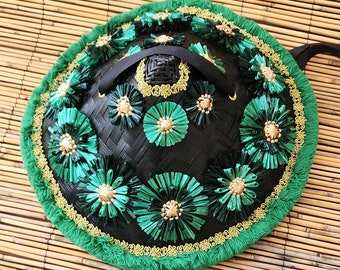 Tiki Tropical Forest Raffia Flower Fringe Black Bamboo Sun Hat Emerald Ever Green Fringe Trim Vtg Inspired MCM 1960s Tiki Oasis Medium