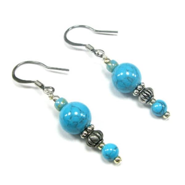 Dangle Boho Earrings, Summer Beach Jewelry, Boho Earring, Blue Howlite Gemstone, Silver Turquoise, Unique Gift For Her, Handmade Canada