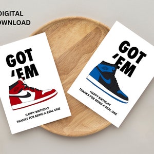 KREEG 'EM Jordan verjaardagswenskaart, dunne omtrek | Afdrukbare, digitale bruiloft, verjaardagskaart, sneaker, sneakerhead