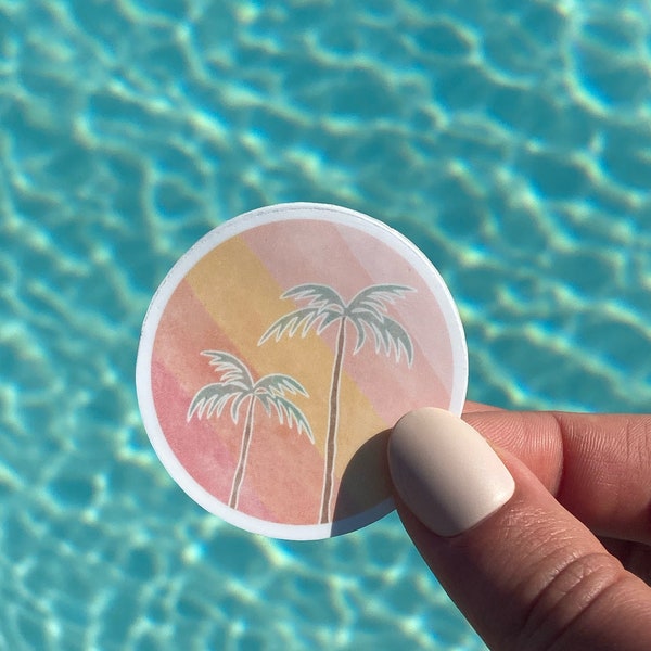 Vintage Tropical Boho Palm Tree Rainbow Round Sticker | Waterbottle Notebook & Laptop sticker | Die Cut Waterproof Sticker