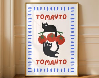 Tomato Trendy Kitchen Digital Wall Art, Black Cat Print, Retro Food Art, Eclectic Kitchen, Vegetable Print, Red Tomato Poster, Funny Cats