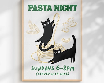 Pasta Art Print, Retro Diner Poster, Bistro Dining Pasta Posters, Black Cat Spaghetti Wall Art, Italian Kitchen Prints Decor, Cat Lover