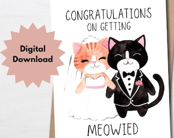 Cute cats wedding card, Congratulations engagement marriage card for cat lovers, Funny Wedding Card, Personalized, PNG, Digital Download