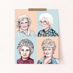 Golden Girls-poster, geïllustreerde kunstprint, Rose, Dorothy, Blanche, Sophia, gratis verzending, retro tv, cadeau voor vriend, Golden Girls-cadeau