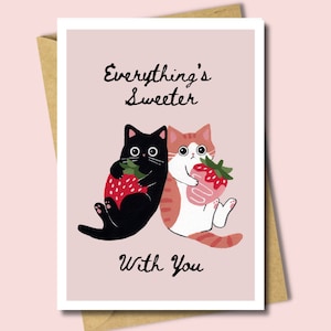 Carte de voeux chat, toute occasion, carte pour les amoureux des chats, cadeau pour propriétaire de chat, illustration de fraises, cadeau pour amie, mère, petite amie