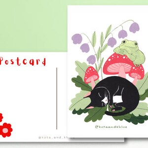 Cartolina con gatto in smoking, dipinto di rana, illustrazione di funghi, gatto bianco e nero, Cottagecore, biglietto di auguri, regalo per gli amanti dei gatti,