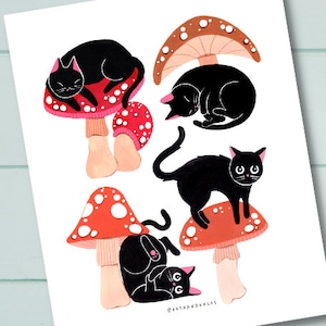 Funghi gatti neri - Stampa artistica illustrata - Kota + Khloe - Spedizione nazionale gratuita - Cute Cottagecore Wall Art - Fall Vibes - 8x10 - 5x7