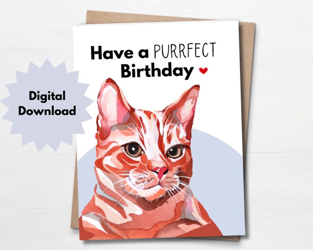 Printable Card, Funny Birthday Card for Friend, Orange Tabby Cat, Pun ...