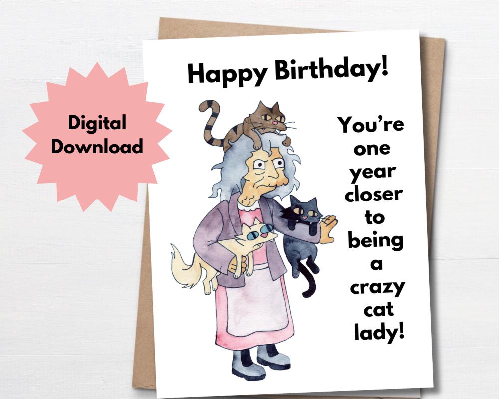 Printable Card, Funny Birthday Card, the Simpsons, Crazy Cat Lady