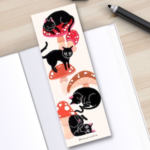 Cat Bookmark, Black Cat Mushrooms, Cottagecore Bookmark, Gift for Cat Lover, Gift for Booklover, Bookworm, Autumn, Fall