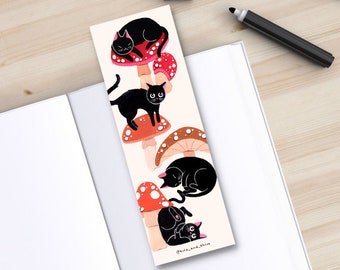 Cat Bookmark - Black Cat - Mushrooms - Free Domestic Shipping - Handmade - Cottagecore Vibes - Kota + Khloe