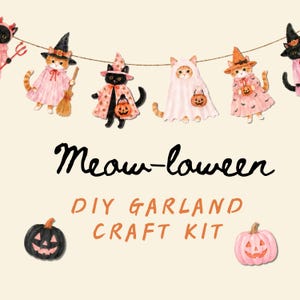 Halloween Cat Garland, DIY Paper Garland Kit, Pumpkin Bunting, Cute Halloween Decor, Pink Halloween Decorations, Cat Lover Halloween