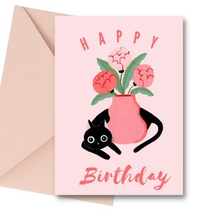 Birthday Card, Black Cat Art, Greeting Card, Card for Friend, Card for Mom, Gift for Cat Lover, Black Cat Illustration, Cat Painting