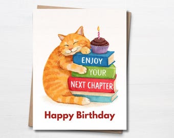 Tabby Cat Book Birthday Cards Funny, Happy Birthday Cat Mom Literary Gift For Book Lover, Cozy Orange Tabby Cat, Handmade Greeting Cards