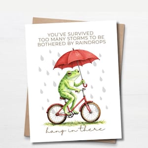 Puede incluir: Tarjeta de felicitación con una rana verde en bicicleta roja bajo un paraguas rojo bajo la lluvia. La tarjeta tiene el texto "YOU'VE SURVIVED TOO MANY STORMS TO BE BOTHERED BY RAINDROPS" y "hang in there". La tarjeta está en un sobre marrón.