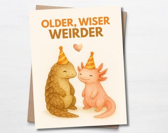 Biglietto di auguri di compleanno con axolotl e pangolino, biglietto di auguri di compleanno con animali divertenti e carini, biglietto di compleanno illustrato e stravagante