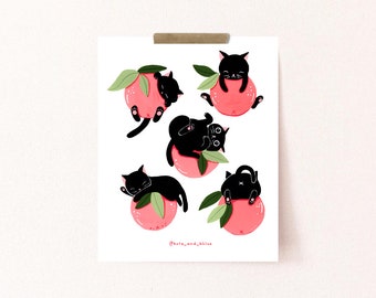 Black Cats Art Print, Orange Wall Art, Cat Illustration Art Print, Free Shipping, Cute Cottagecore Wall Art, 8x10, 5x7, Cat Lover Gift
