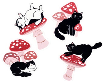 Mushroom Cats, 4pc Vinyl Sticker Pack, Free Canada & US Shipping, Planner Stickers, Laptop, Water Bottle, Phone Stickers, Kota + Khloe