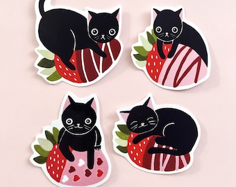 Strawberry Cats - 4pc Vinyl Sticker Pack - Gratis Canada & US Shipping - Planner Stickers Laptop Waterfles Telefoonstickers - Kota + Khloe