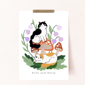 Cats And Mushrooms, Illustrated Cat Art Print, Cat Poster, Cute Cottagecore Wall Art, Gift for Cat Lover, Black Cat, Tabby, Calico, Orange