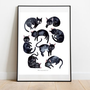 Schwarze Katze Poster, illustrierter Kunstdruck, süße Cottagecore Wandkunst, Herbst Vibes, Geschenk für Katzenliebhaber, schwarze Katze Wandkunst, Geschenk für Katzenliebhaber