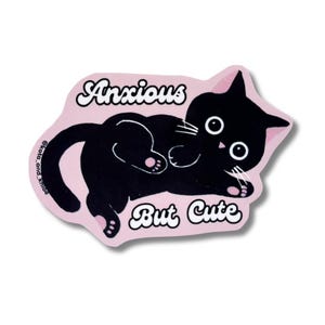 Pegatina de vinilo de gato ansioso pero lindo, gato de esmoquin, envío gratis, pegatinas para teléfono, botella de agua, portátil, planificador, regalo divertido y lindo para amantes de los gatos