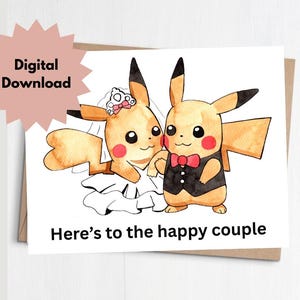 Cartão para impressão, Cartão de casamento engraçado, Pokémon, Pikachu, retrô dos anos 90, Y2K, Cartão para recém-casados, Cartão de recém-casados, Cartão de noivado, Casal