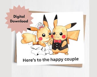 Tarjeta imprimible, tarjeta de boda divertida, Pokémon, Pikachu, retro de los 90, Y2K, tarjeta para recién casados, tarjeta de compromiso, tarjeta de pareja
