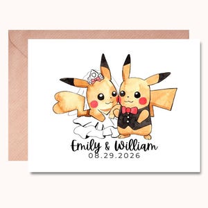 May include: A white greeting card featuring a watercolour illustration of two yellow Pikachu characters dressed for a wedding. One wears a white veil and dress, the other a black waistcoat and red bow tie. Below them is the text Emily & William 08.29.2026.