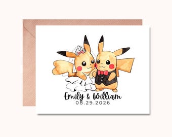 May include: A white greeting card featuring a watercolour illustration of two yellow Pikachu characters dressed for a wedding. One wears a white veil and dress, the other a black waistcoat and red bow tie. Below them is the text Emily & William 08.29.2026.
