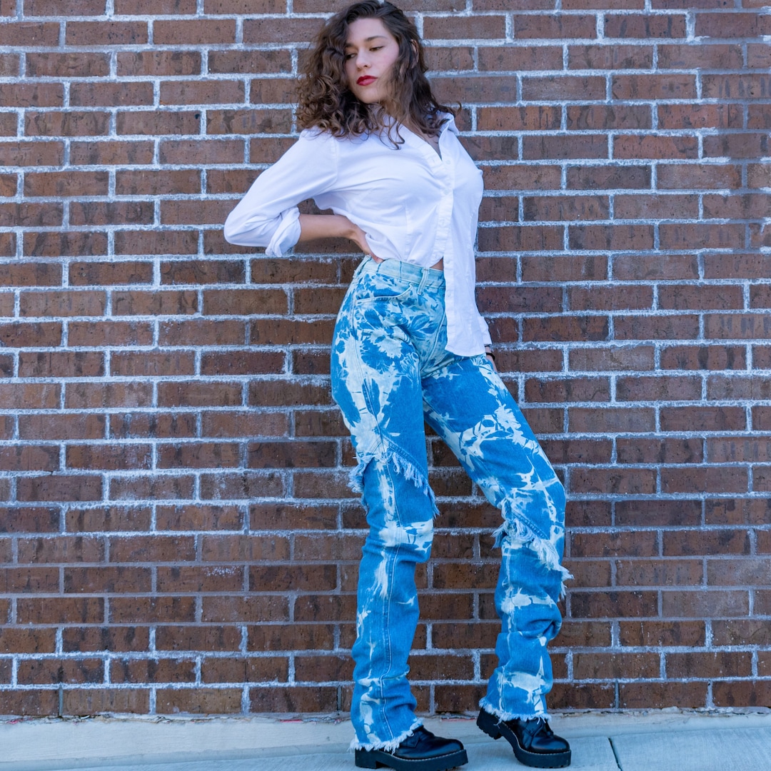 Bleached Vintage Shibori Wrangler Fringe Jeans 25x36 Eco Friendly
