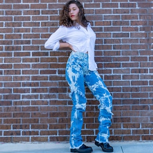 Bleached Vintage Shibori Wrangler Fringe Jeans 25x36 - Eco Friendly Sustainable Slow Fashion - Alt Rave Festival Clothing - Reverse Tie Dye