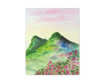 Cheerful Watercolor Art, NC Grandfather Mountain Twin Peaks, High Country Flowers at Sunset, Happy Country Farmhouse Painting on Canvas