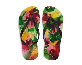 Spring Flip Flops, Floral Abstract Alcohol Ink Sandals for Women, 3 Sizes, Green Yellow Pink Columbines