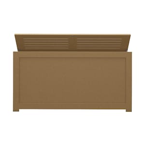 May include: A brown wooden storage chest with a hinged lid. The lid is open and has a slatted design.