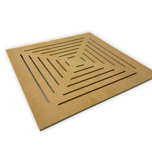 May include: A square, light brown wooden panel with a series of concentric square cutouts. The design creates a layered, geometric pattern. The panel is likely a decorative or functional element, possibly for sound absorption or architectural design.