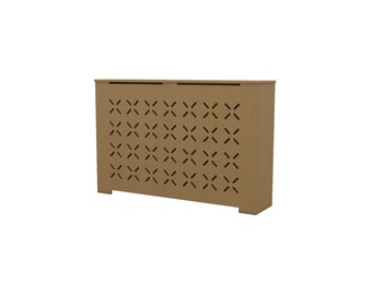 May include: A brown wooden radiator cover with a decorative cut-out pattern. The cover has a rectangular shape and is made of wood.