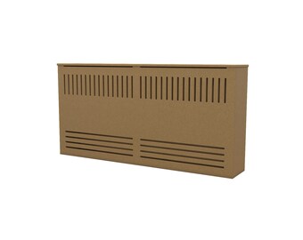 May include: A brown wooden radiator cover with a slatted design. The cover has a rectangular shape and is made of wood.