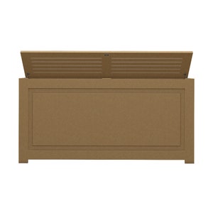 May include: A brown storage chest with a hinged lid, partially open. The chest has a rectangular shape with a paneled front and a slatted design on the lid. The chest is made of wood and is set against a white background.