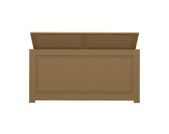 May include: A brown storage chest with a hinged lid, partially open. The chest has a rectangular shape with a paneled front and a slatted design on the lid. The chest is made of wood and is set against a white background.